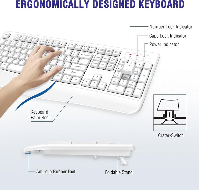 QUASIO Wireless Keyboard, 2.4G Full-Sized Ergonomic Wireless Computer Keyboard with Wrist Rest for Windows, Mac OS Laptop/PC/Desktop/Notebook(Off White) - Image 5